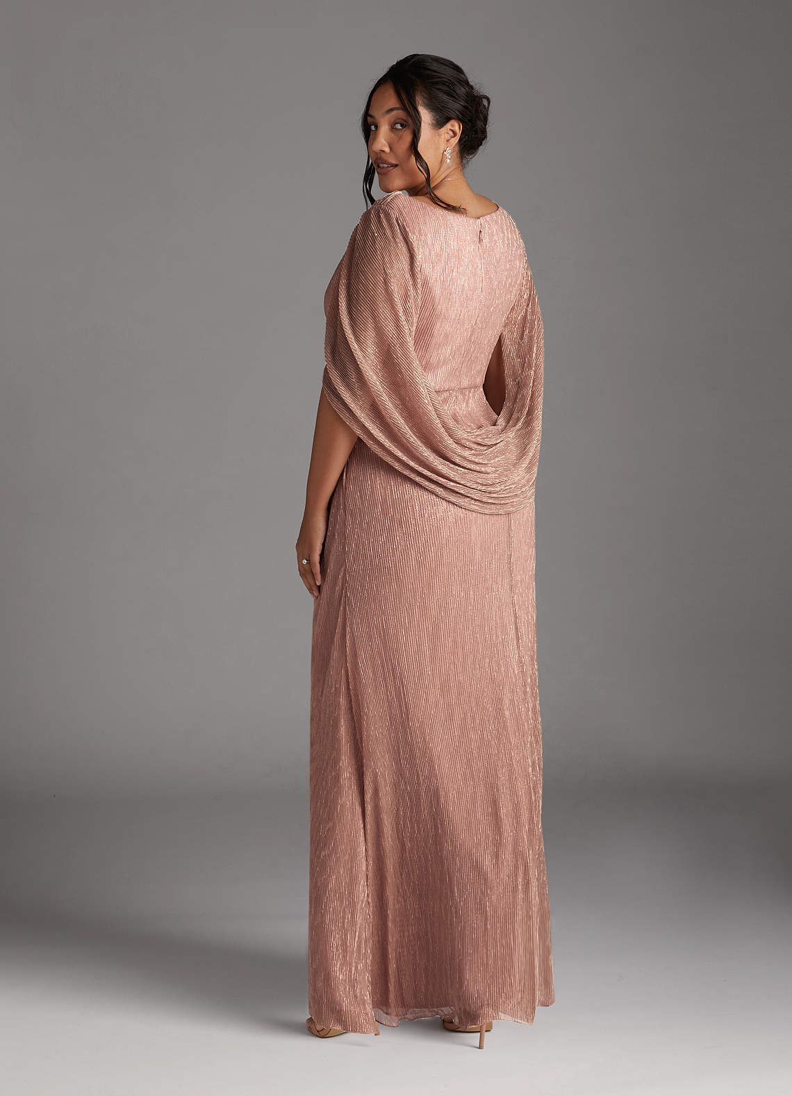 Azazie Paige Mother of the Bride Dresses Rose Gold Sheath Pleated Cape Metallic Mesh Dress image6