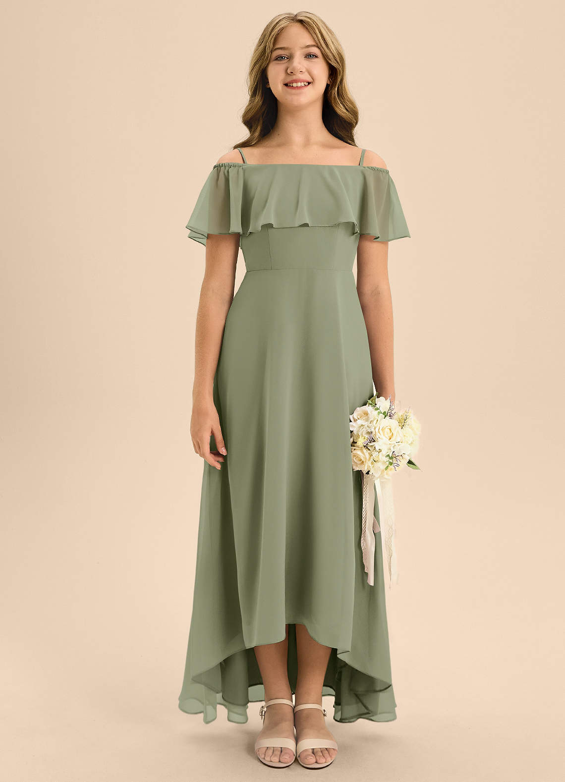 Azazie Maggie Junior Pistachio A-Line Off the Shoulder Chiffon Dress image1