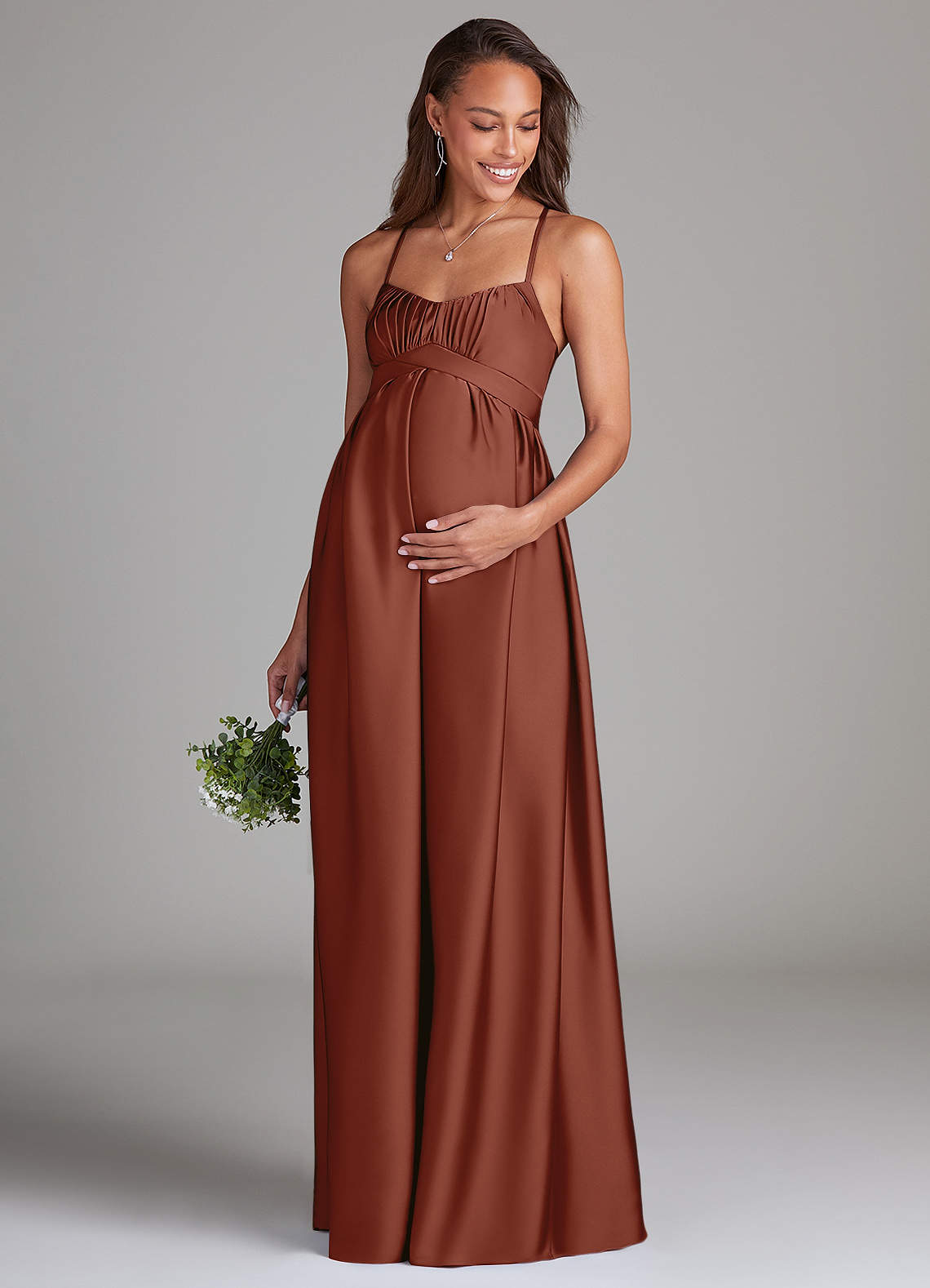 Azazie Llana Maternity Bridesmaid Dresses A-Line Stretch Satin Floor-Length Dress with Pockets image1