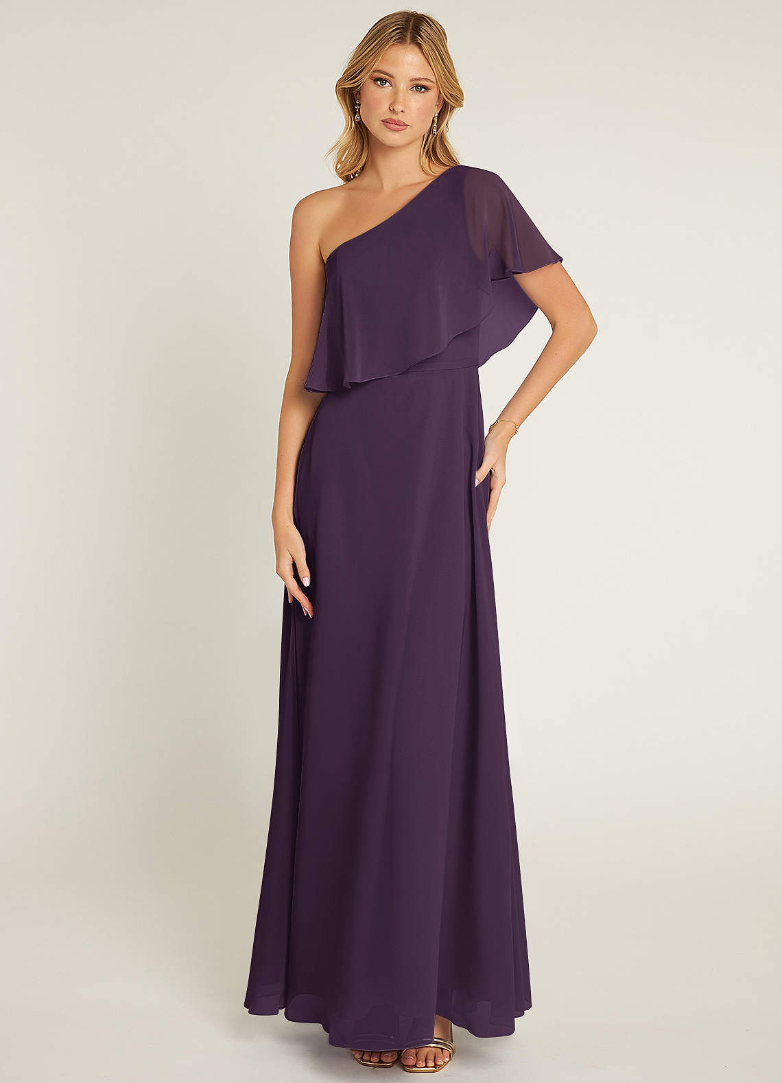 Azazie Lizzy Bridesmaid Dresses Plum A-Line One Shoulder Chiffon Dress image1