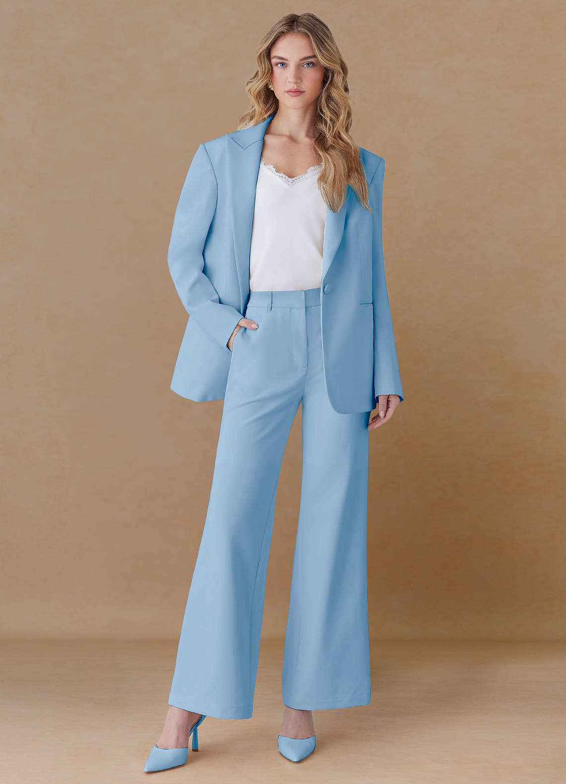 front Amelia Sky Blue Refined Weave Performance Oversized Blazer