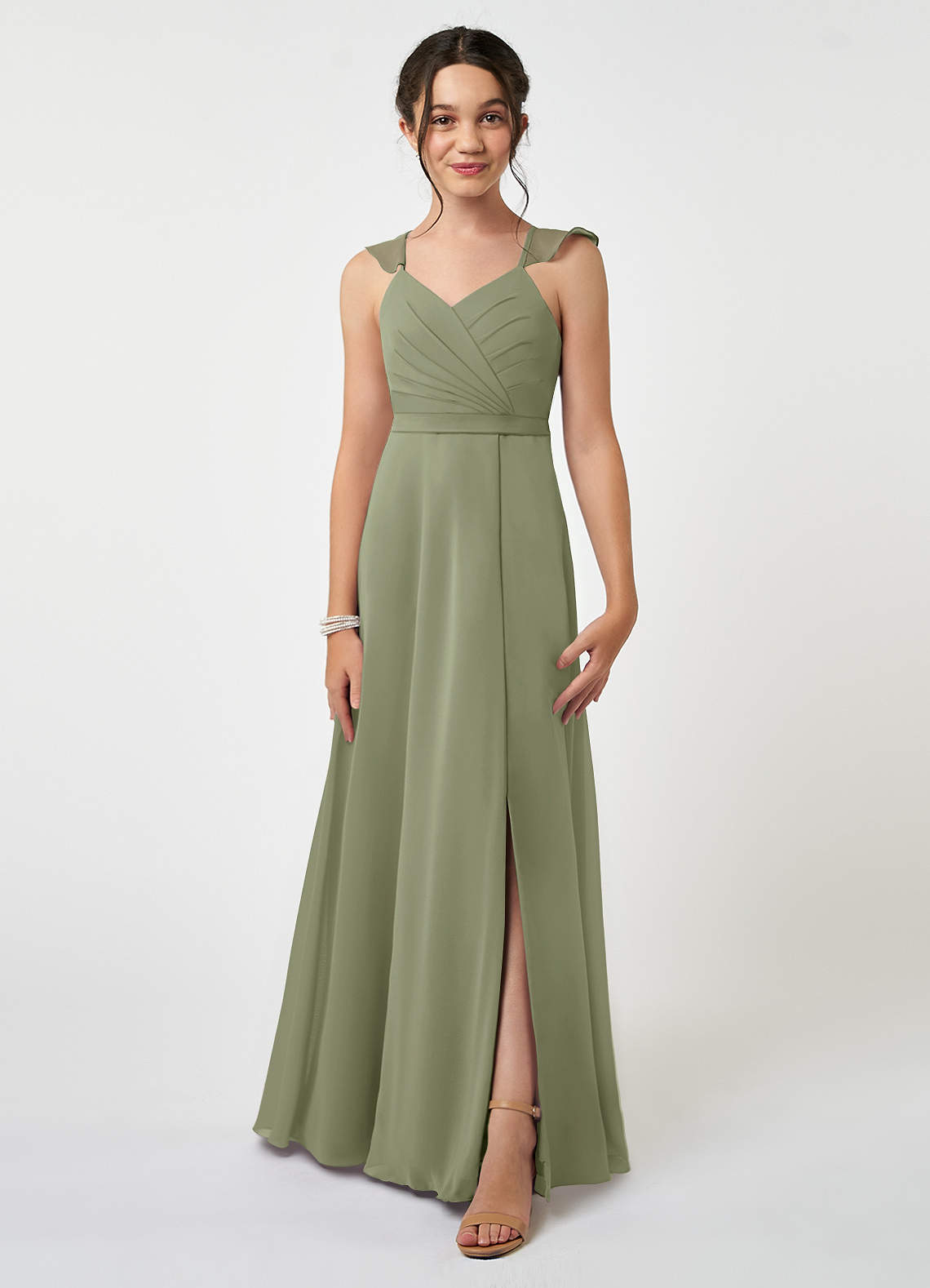 Azazie Emily Junior Pistachio A-Line Ruched Chiffon Dress image1