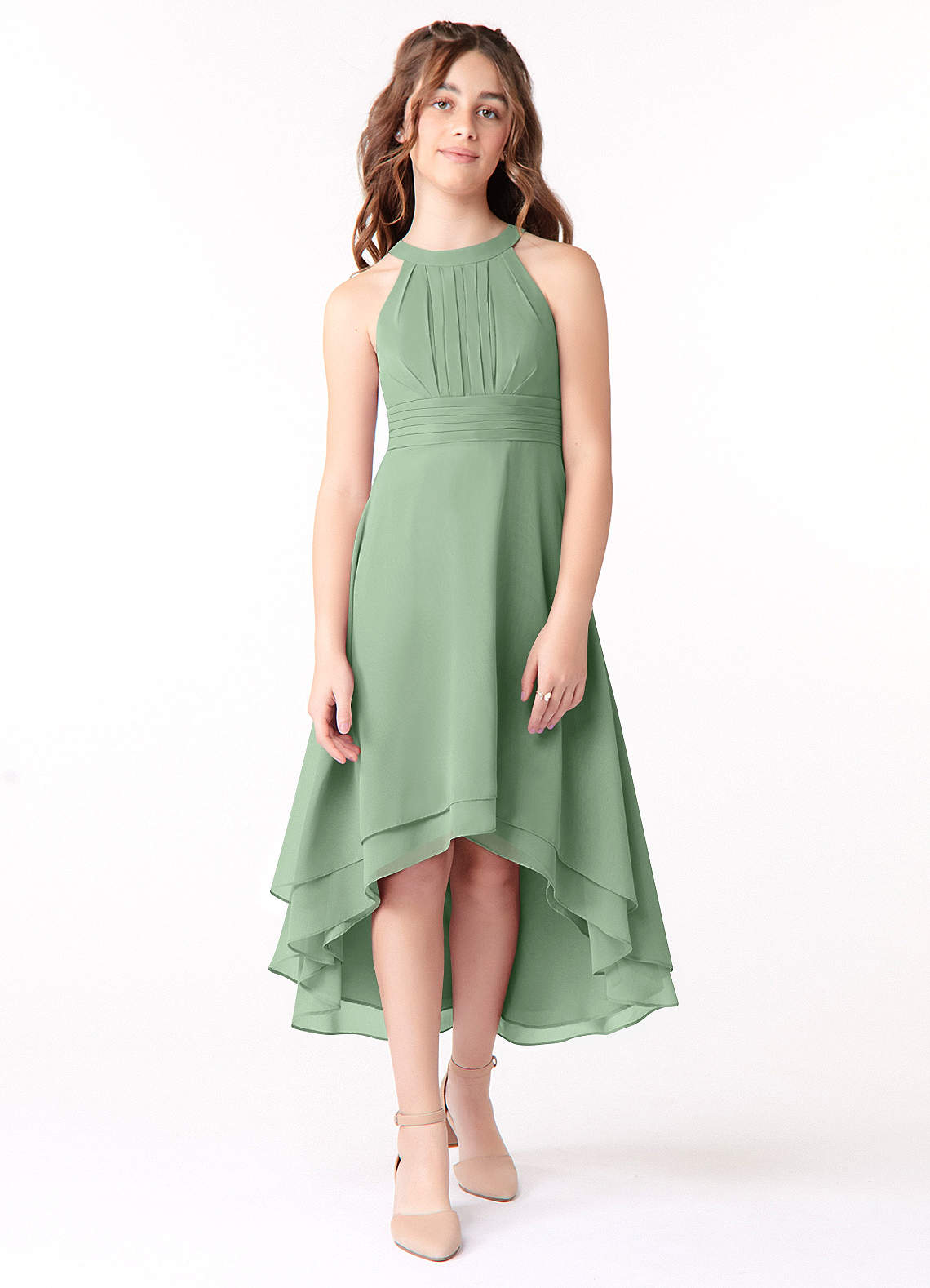 Azazie Linna Junior Matcha A-Line Pleated Chiffon Dress image1