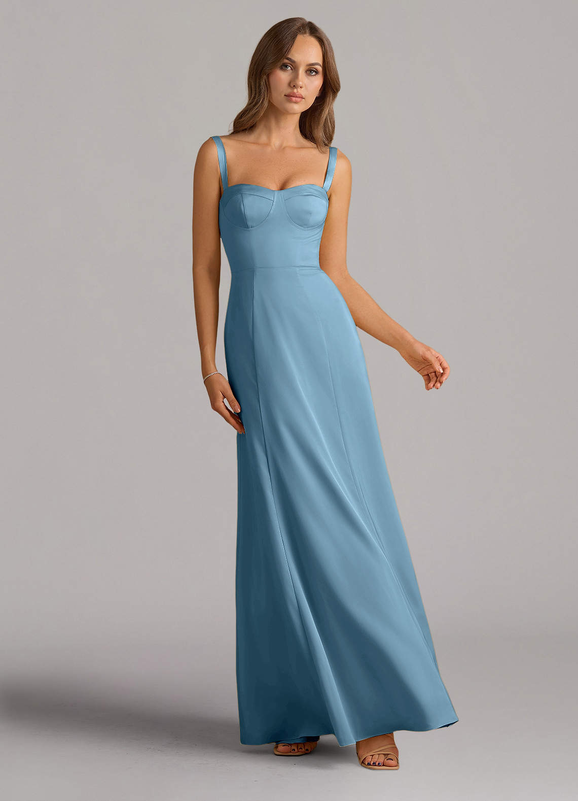 Azazie Amaris Vestidos de damas de honor Vestido de Azul Acero de Satén Elástico de Corte en A con Corsé image1