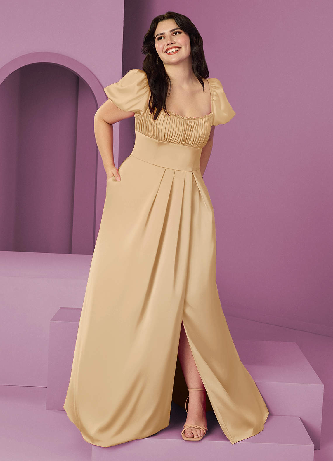 Barbie ♥ Azazie Jurken voor bruidsmeisjes Jurk van Stretch Satijn met A-Lijn Ruches Goud image1