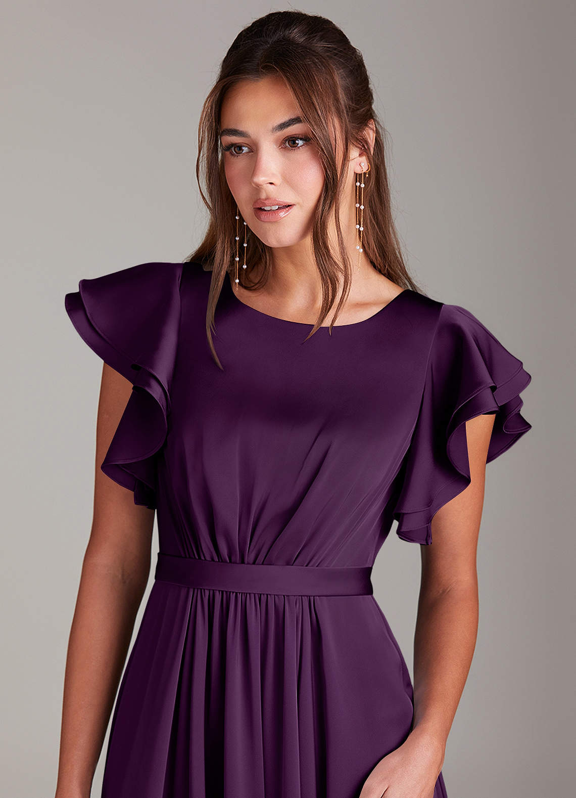 Azazie Daphne vestidos de dama de honor modestos Vestido de Corte en A Volante Hasta el suelo Satén Elástico image4