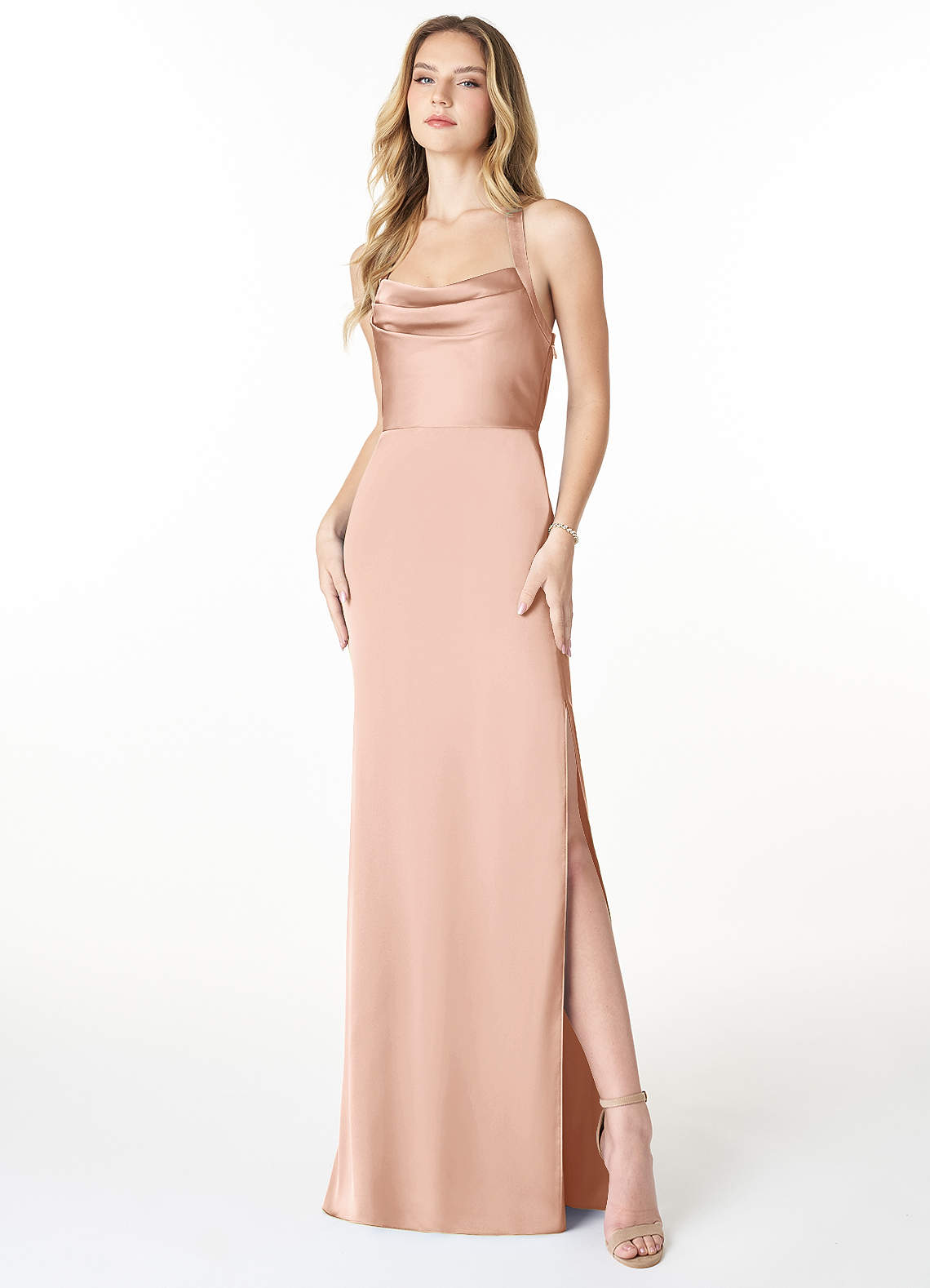 Azazie Myla Abiti da Damigella Abito Tubino in Raso Elasticizzato con Scollo a Cappuccio e Schiena a Chiave Oro Rosa image1