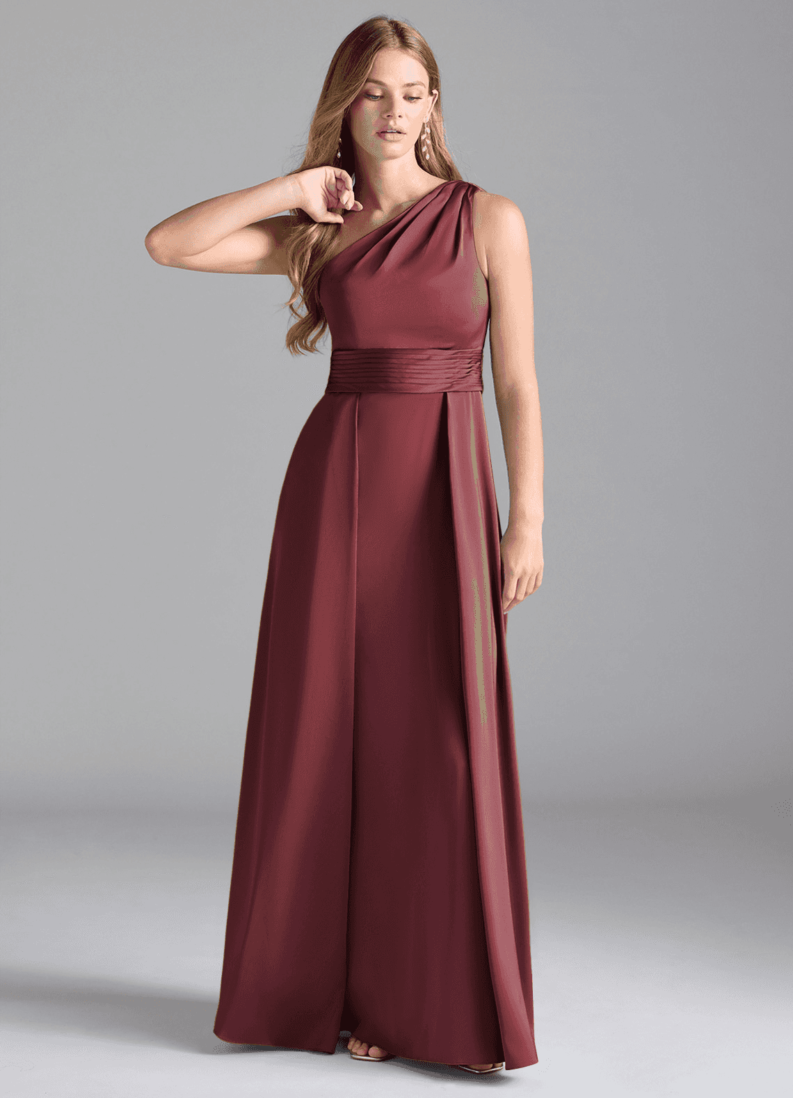 Azazie Dallas Bridesmaid Dresses Merlot A-Line One Shoulder Stretch Satin Dress image1