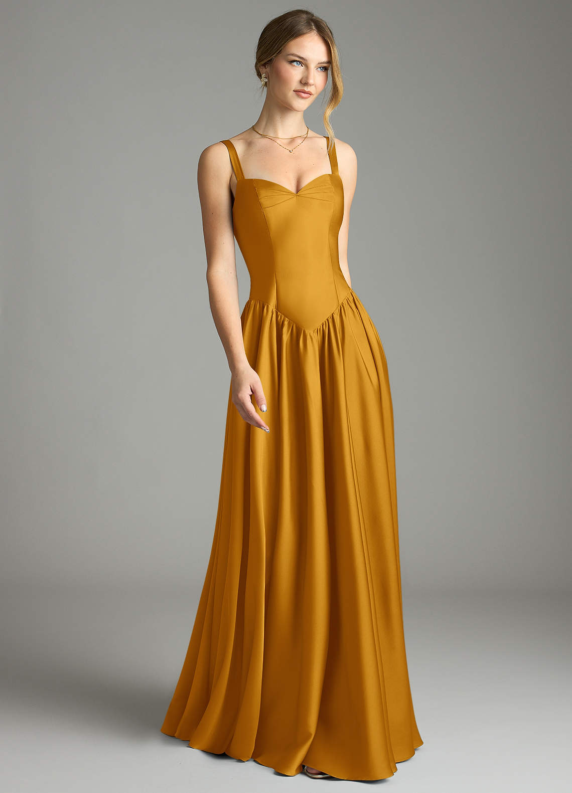 Azazie Evadina Suknie dla druhen Linia A Gorset Satyna elastyczna Do ziemi Sukienka image1