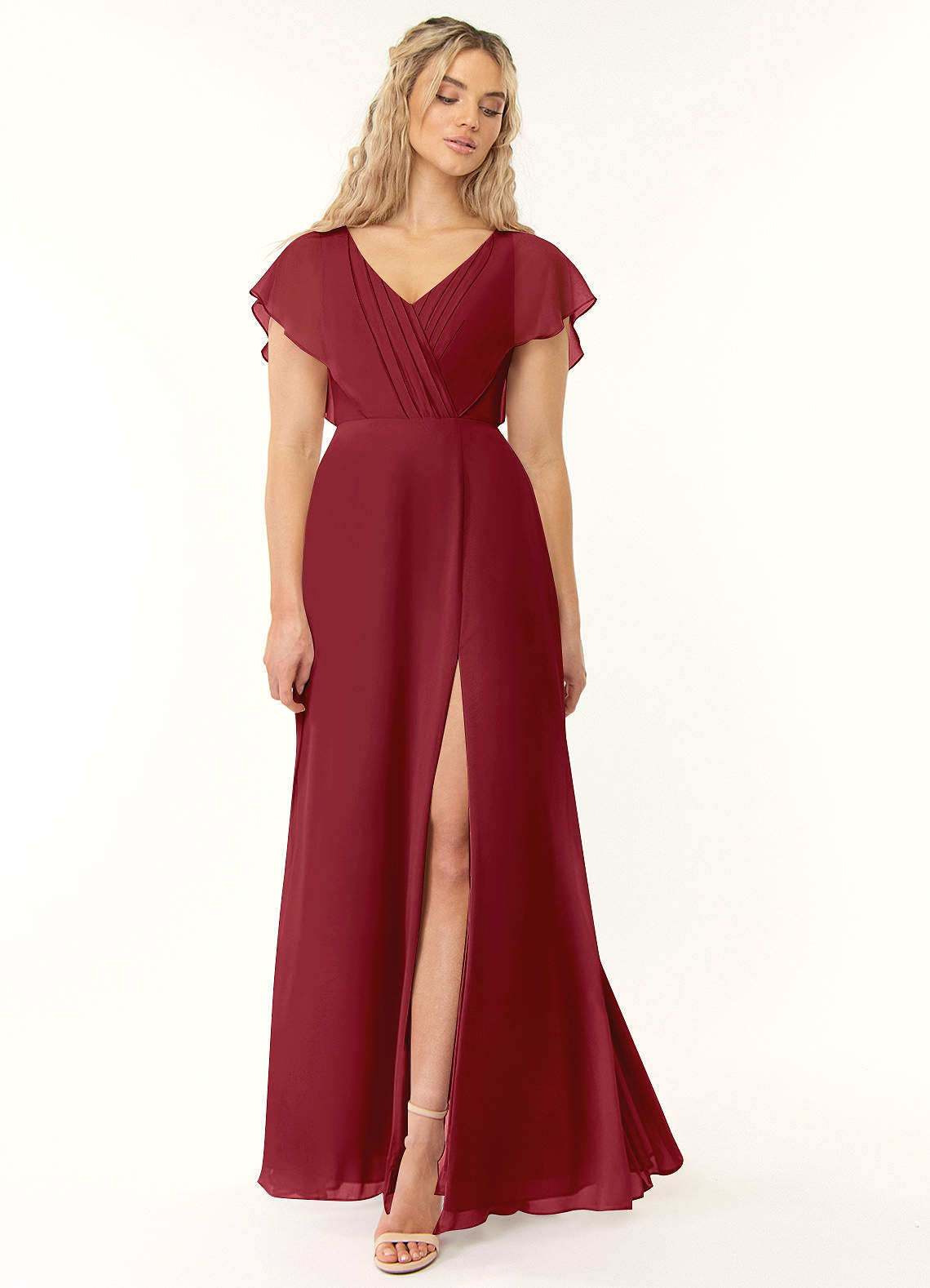 pomegranate bridesmaid dresses Plus Size Wine Red Bridesmaid Dresses Tulle V Neck Cold Sleeve – Lisposa main image 1