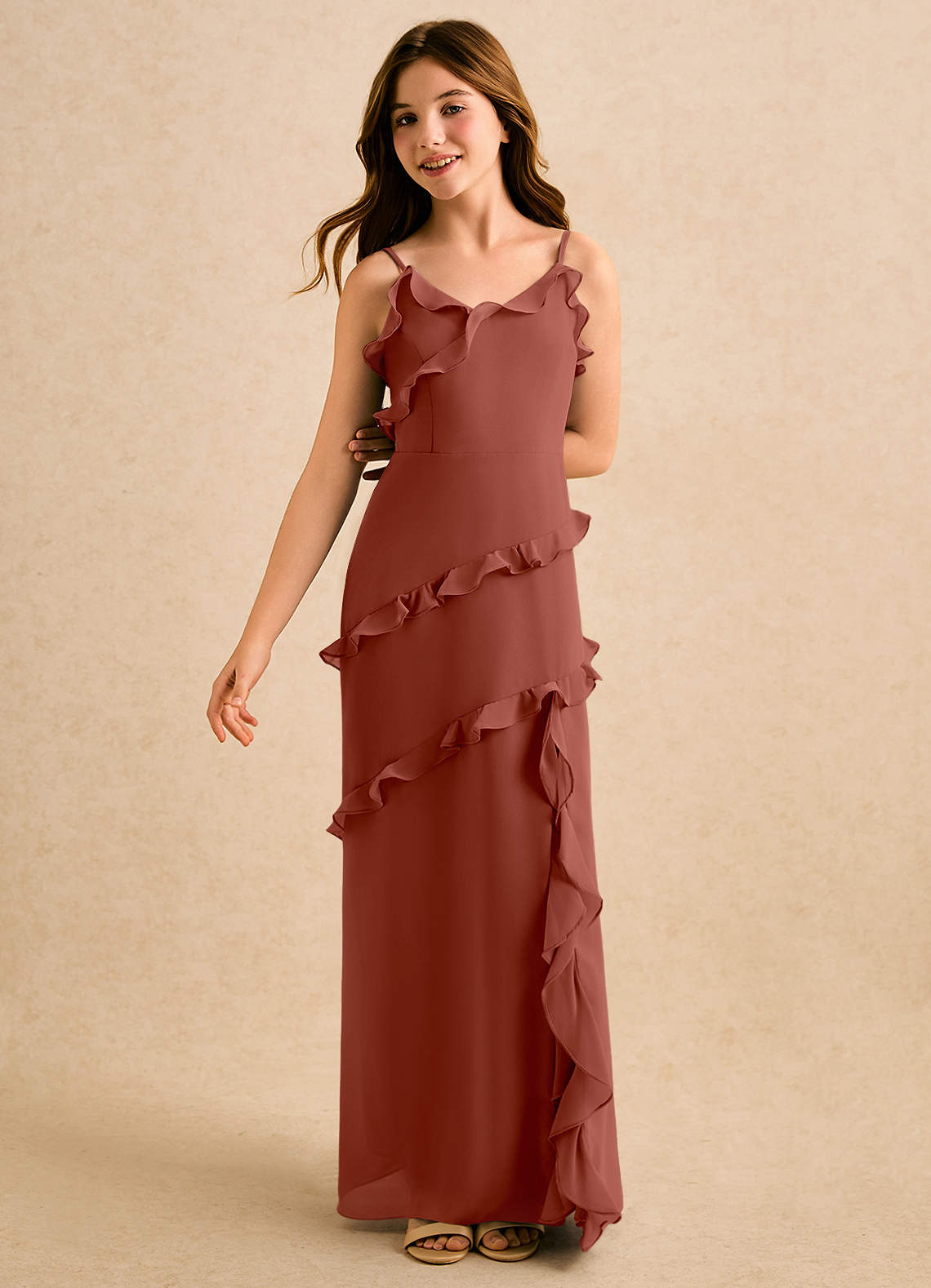 Azazie Lola Girls Formal Auburn A-Line Ruched Chiffon Dress