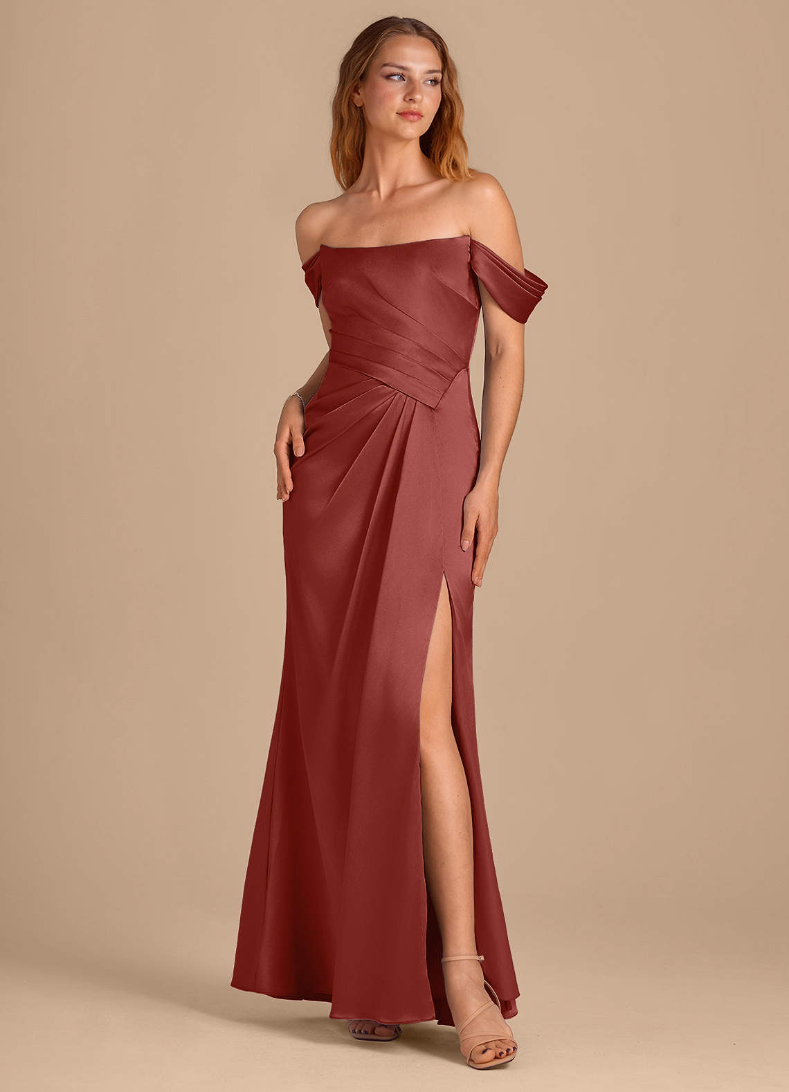 Azazie Shea Bridesmaid Dresses Terracotta Mermaid Off the Shoulder Metallic Satin Convertible Dress image1