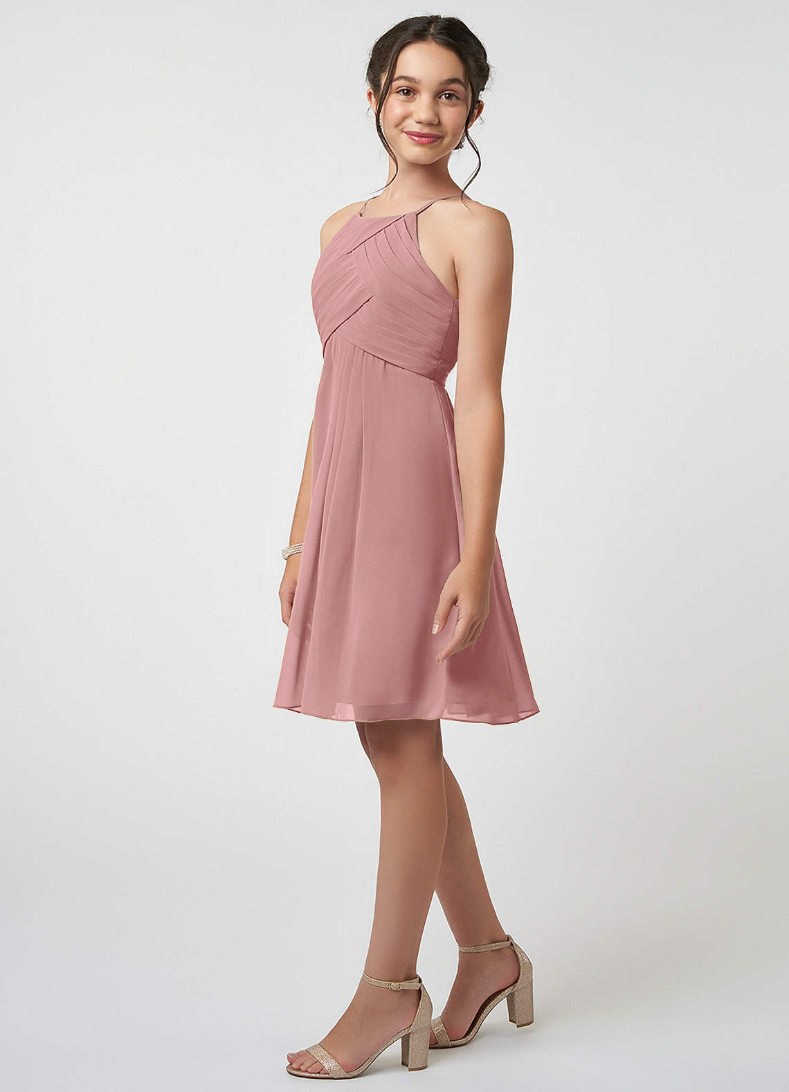 Azazie Ginny Junior A-Linie Plissee Chiffon Kleid Altrosa image2