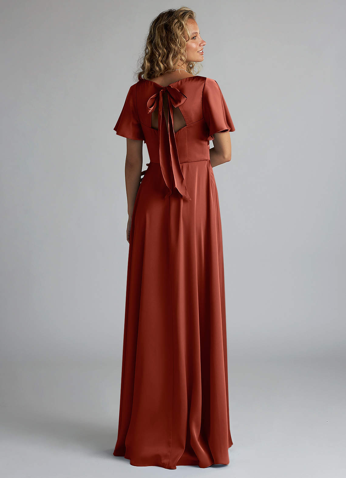 Azazie Kimber Robes de demoiselle d'honneur Robe Trapèze en Satin extensible Rayé Terracotta image1