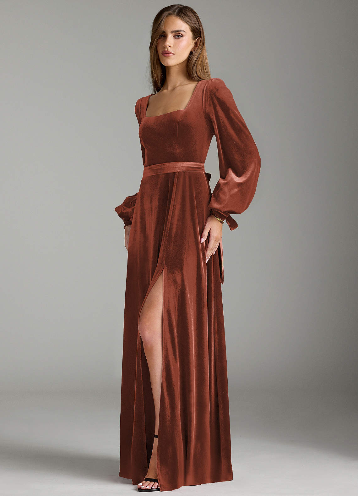 long sleeve terracotta bridesmaid dress Azazie Leonia Brand Gothic Wedding Dresses robe de patinage artistique neckline creates a graceful Back Necklace Length:15
