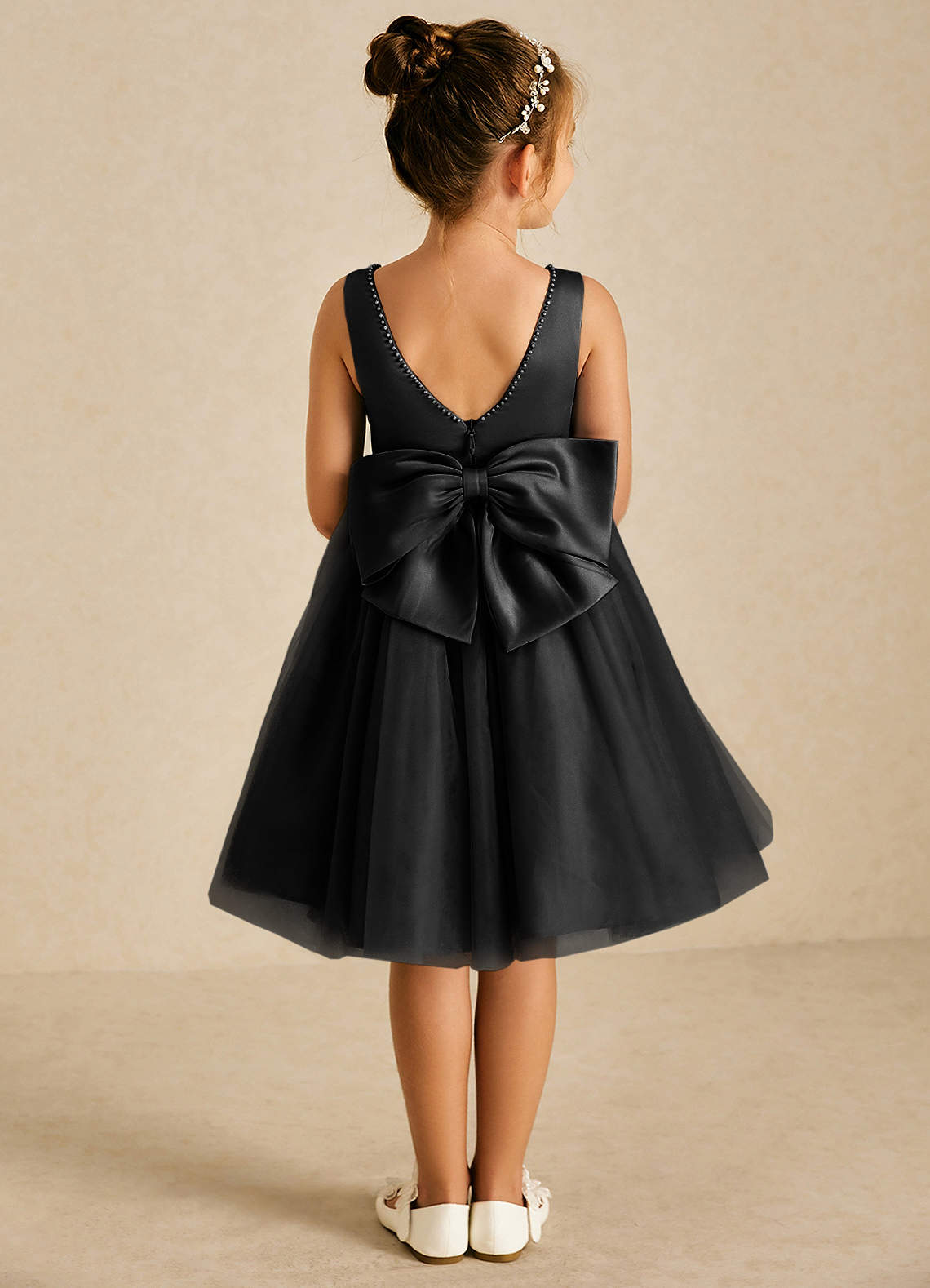 Azazie Sarina Abiti da Ragazza di Fiori Abito A-Line in Tulle Fiocco Nero image1
