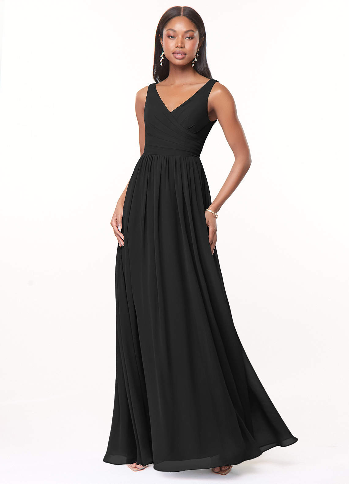 Azazie Keyla Bridesmaid Dresses Black A-Line V-Neck Pleated Chiffon Dress image1