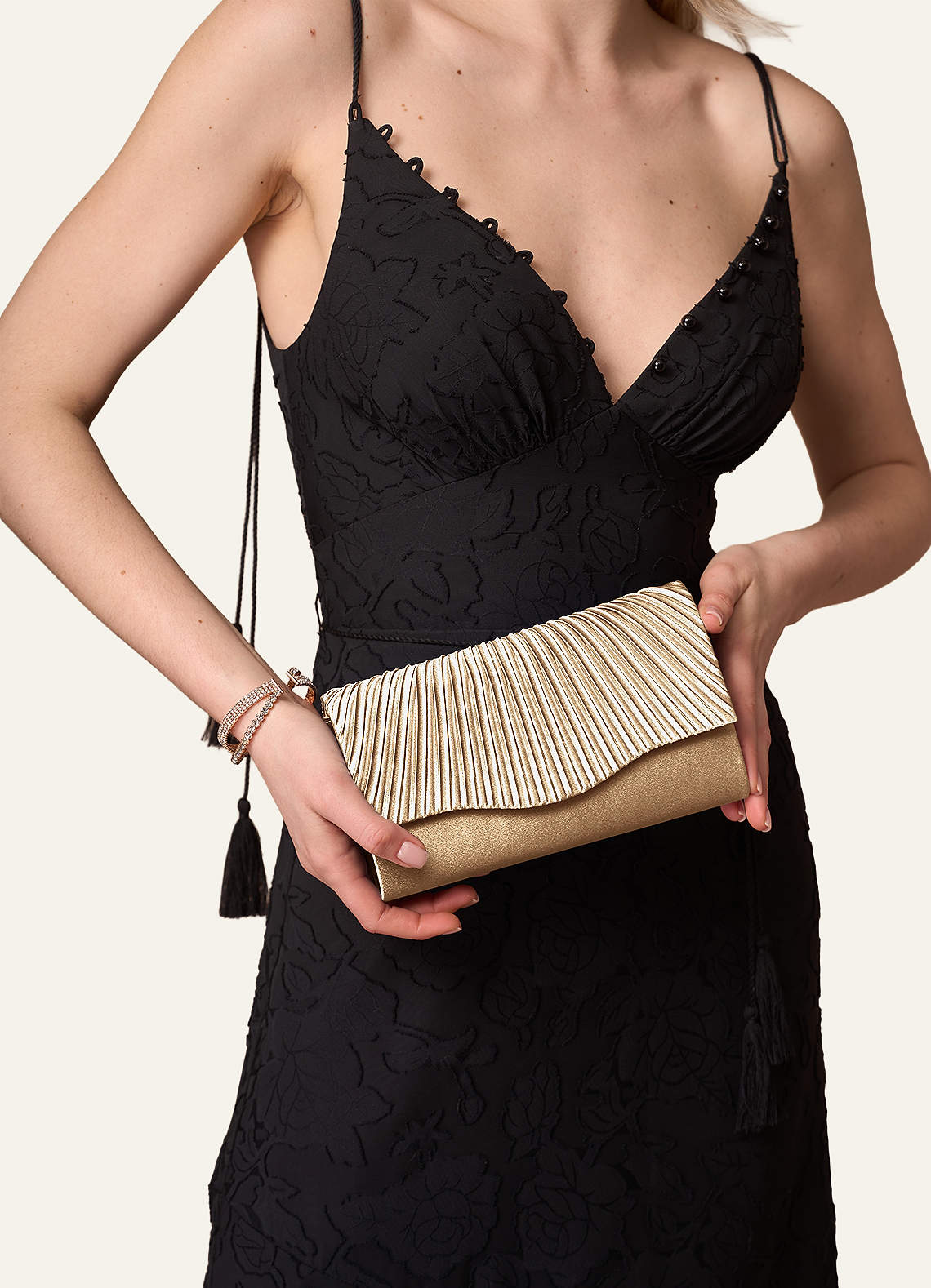 front Matching Color Pleated Metallic Satin Envelope Clutch