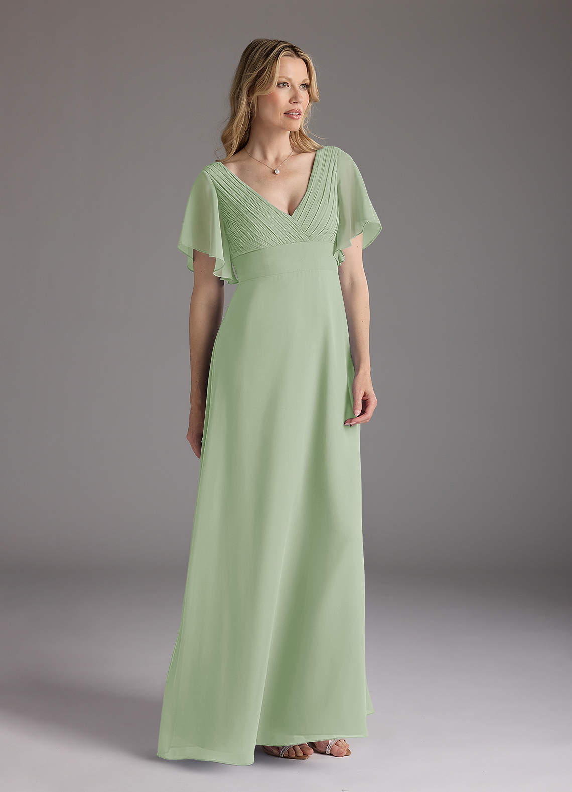 Azazie Alessa Mother of the Bride Dresses Dusty Sage A-Line V-Neck Pleated Chiffon Dress image1
