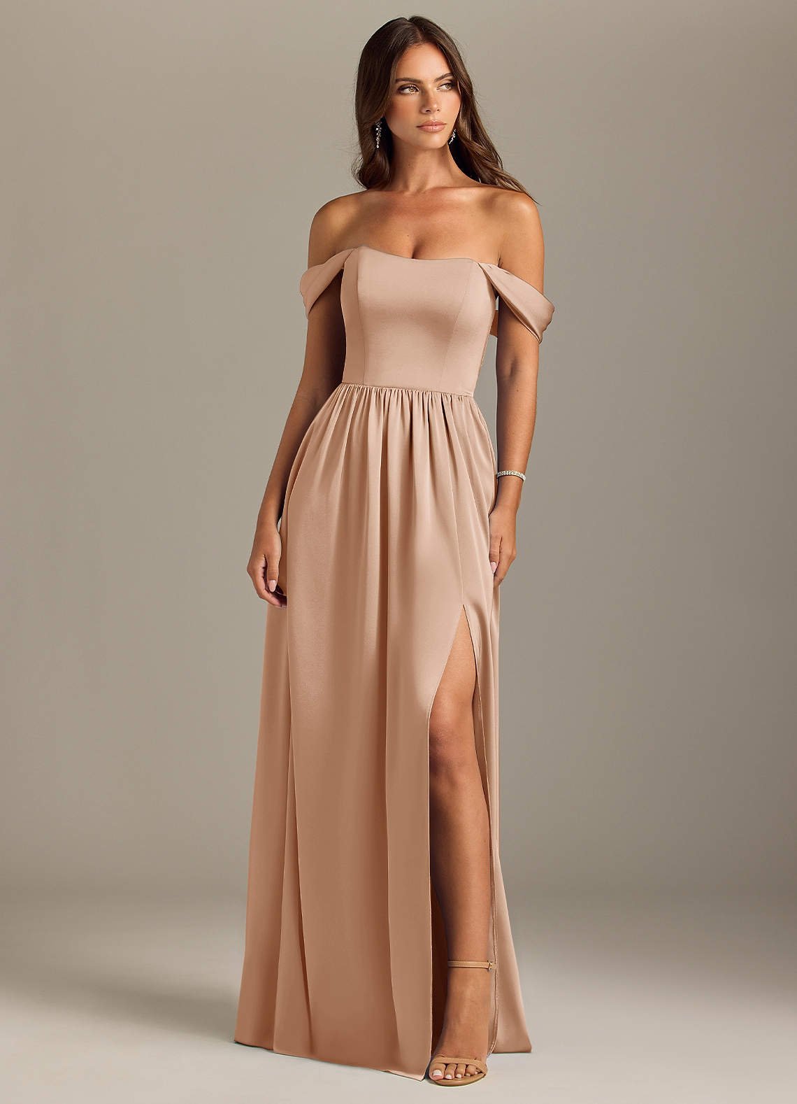 Azazie Calianna Bridesmaid Dresses English Rose A-Line Off the Shoulder Stretch Satin Convertible Dress image1