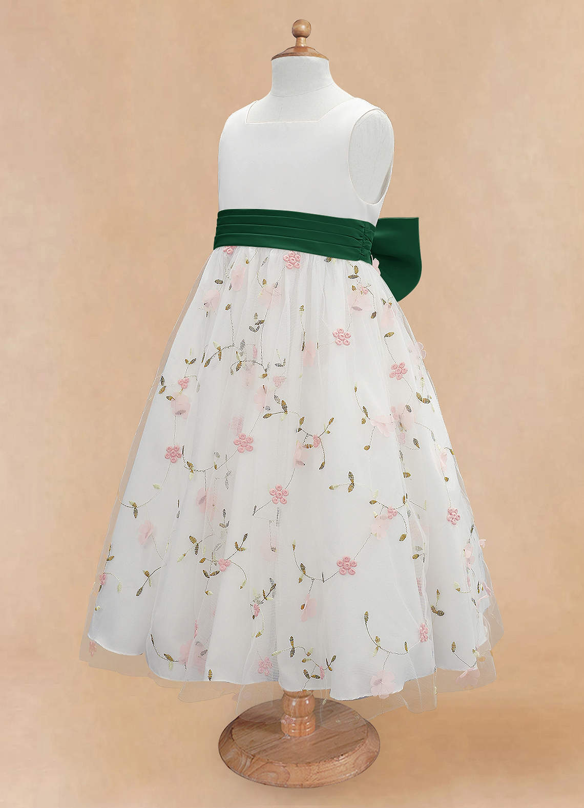 Azazie Pollie Flower Girl Dresses Blushing Pink Dark Green A-Line Bow Tulle Dress image11