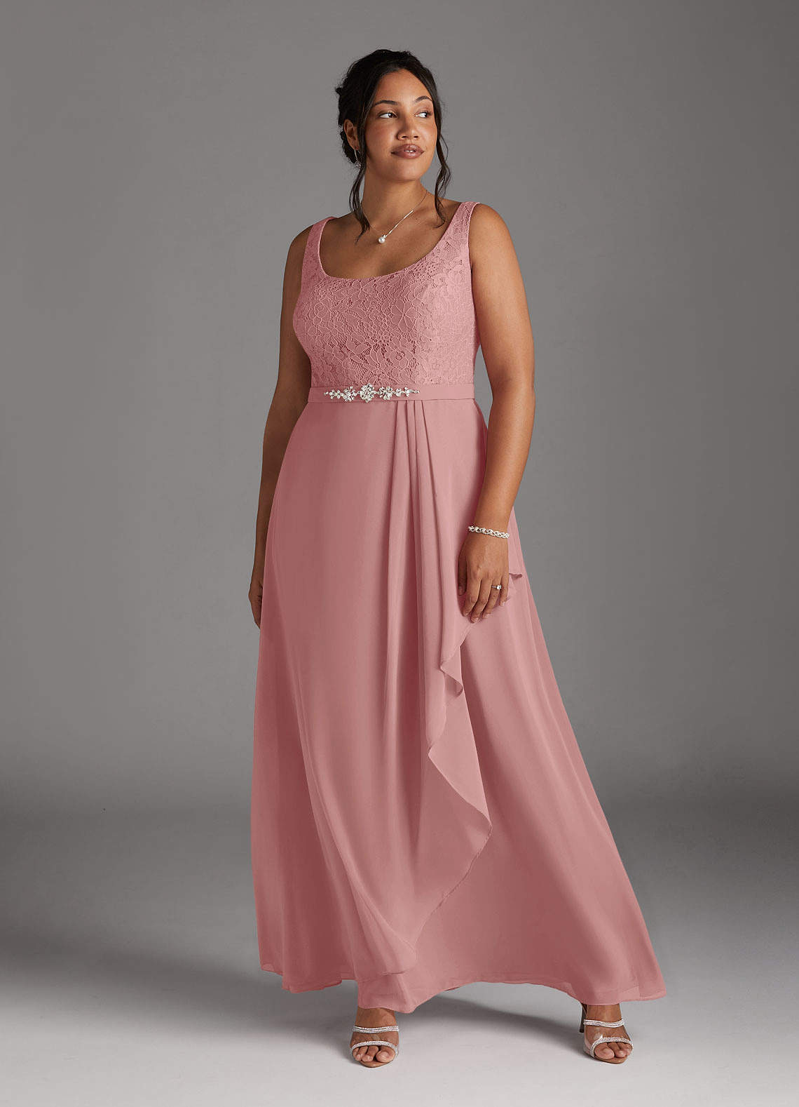 Azazie Ainsling Mother of the Bride Dresses Dusty Rose A-Line Square Neckline Lace Chiffon Dress image14