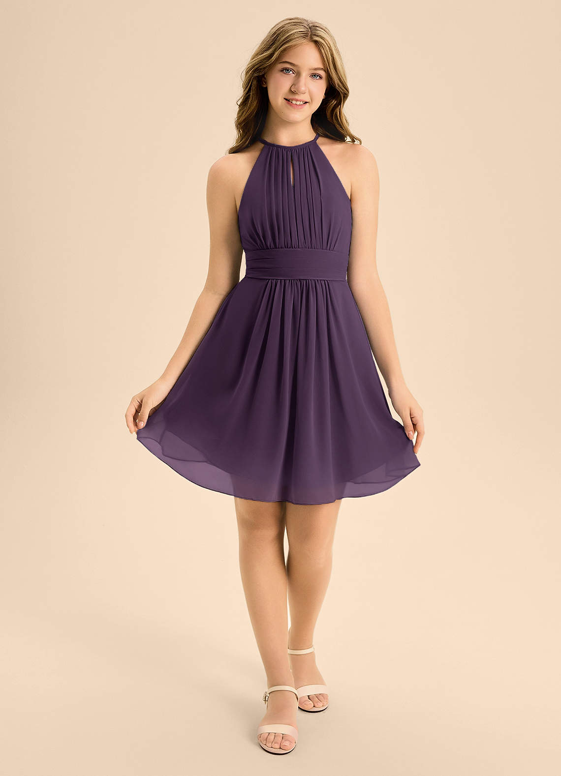 Azazie Bonnie Junior A-Linie Plissee Chiffon Kleid Pflaume image1
