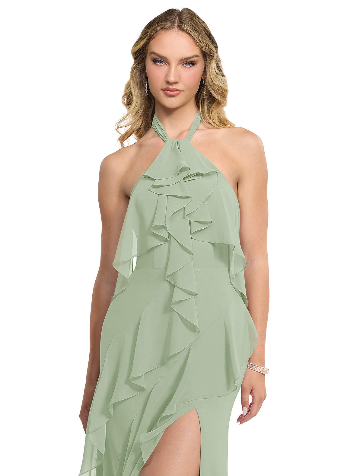 Azazie Velma Vestidos de damas de honor Vestido de Salvia Polvorienta de Gasa de Corte en A con Corte Lateral image3