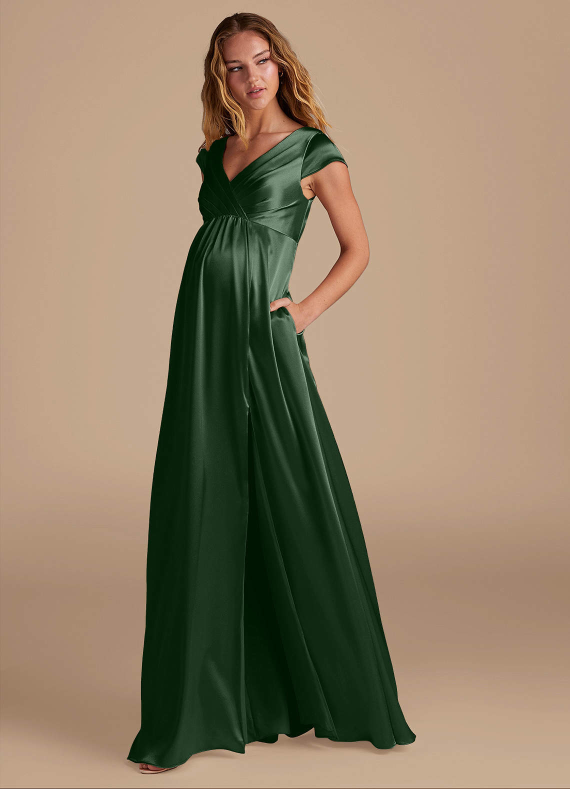 Azazie Allessia Vestidos de dama de honra para maternidade Vestir Linha A Comprimento do chão Cetim Metálico image2