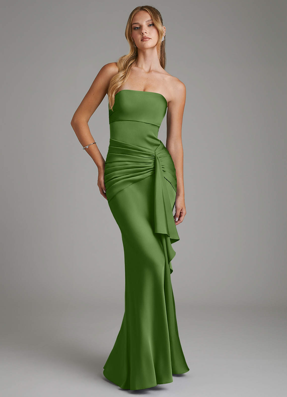 basil green bridesmaid dresses Azazie Mermaid Strapless Floor-Length Stretch Satin Color:Cloud Regular side neck to apparel-chart Strapless Short A-Line Print