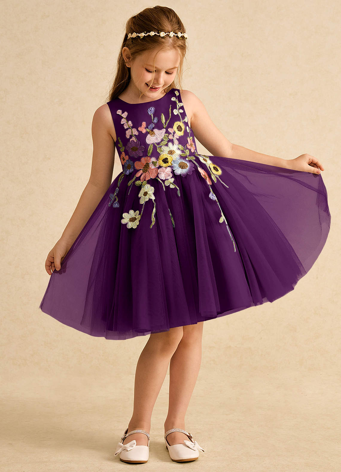 Azazie Prima Blumenmädchenkleider A-Linie Schleifen Tüll Kleid Traube image2