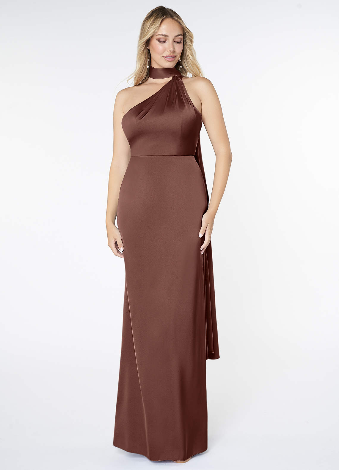 Azazie Kaylani Bridesmaid Dresses Espresso Mermaid High Neck Stretch Satin Dress image1