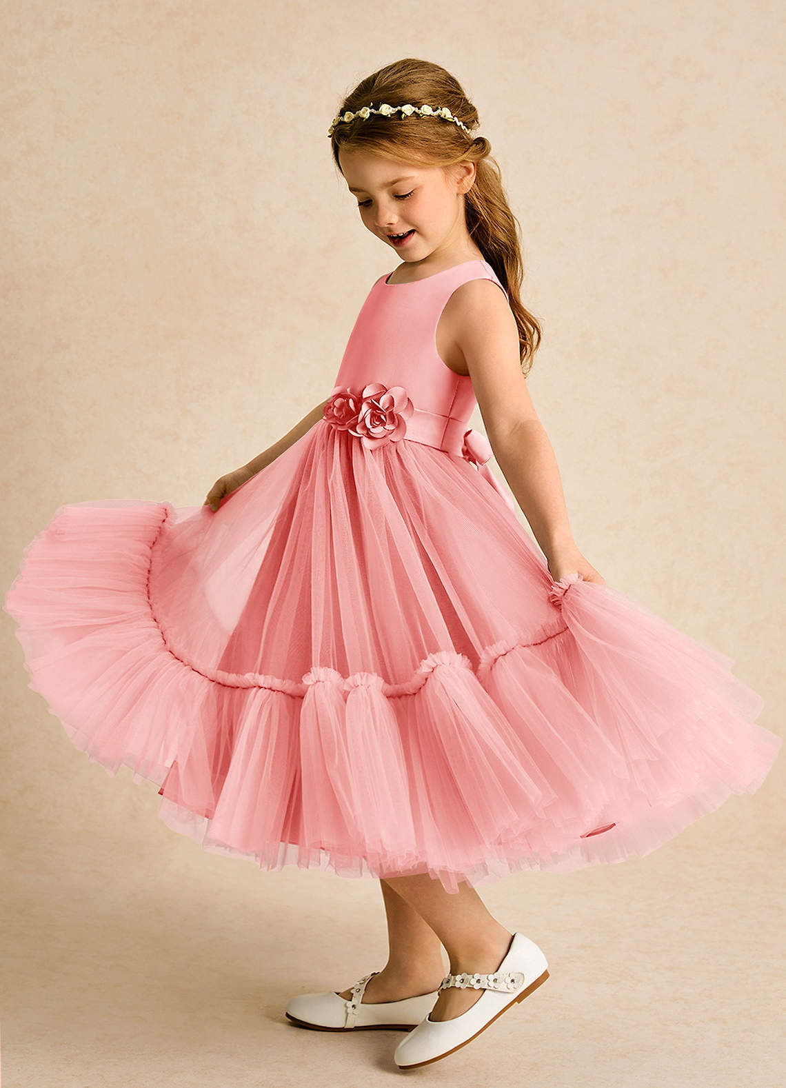 Azazie Miracle Blumenmädchenkleider A-Linie Schleifen Matte Satin Kleid Koralle image1