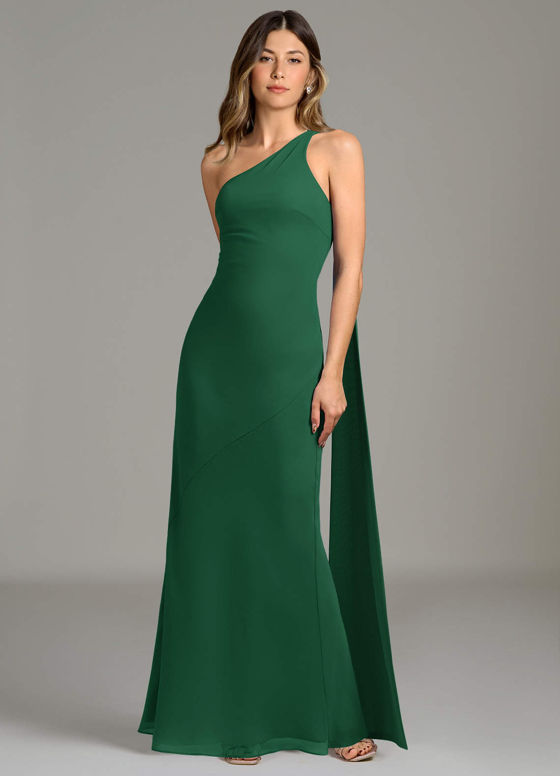 green chiffon one shoulder dress One-Shoulder Chiffon Maxi Dress with Shirred Front Slit in Vineyard Green (Green)