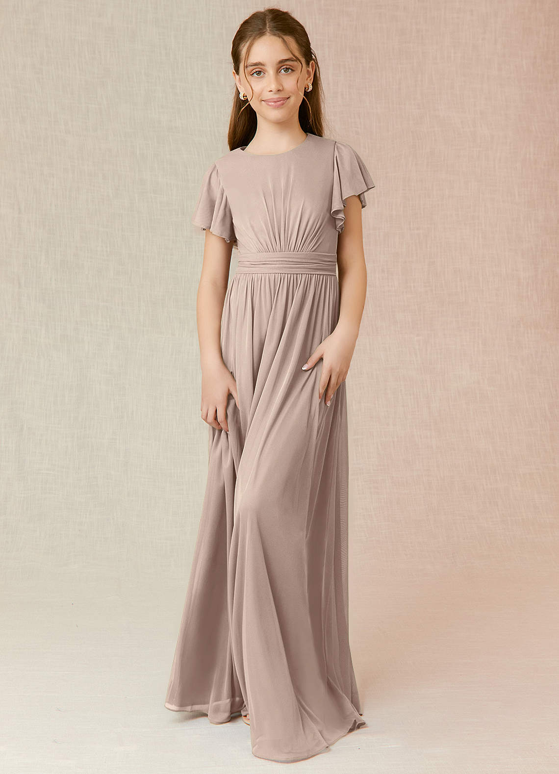 Azazie Mosley Junior A-Linie Gestreift Gittergewebe Kleid Taupe image1