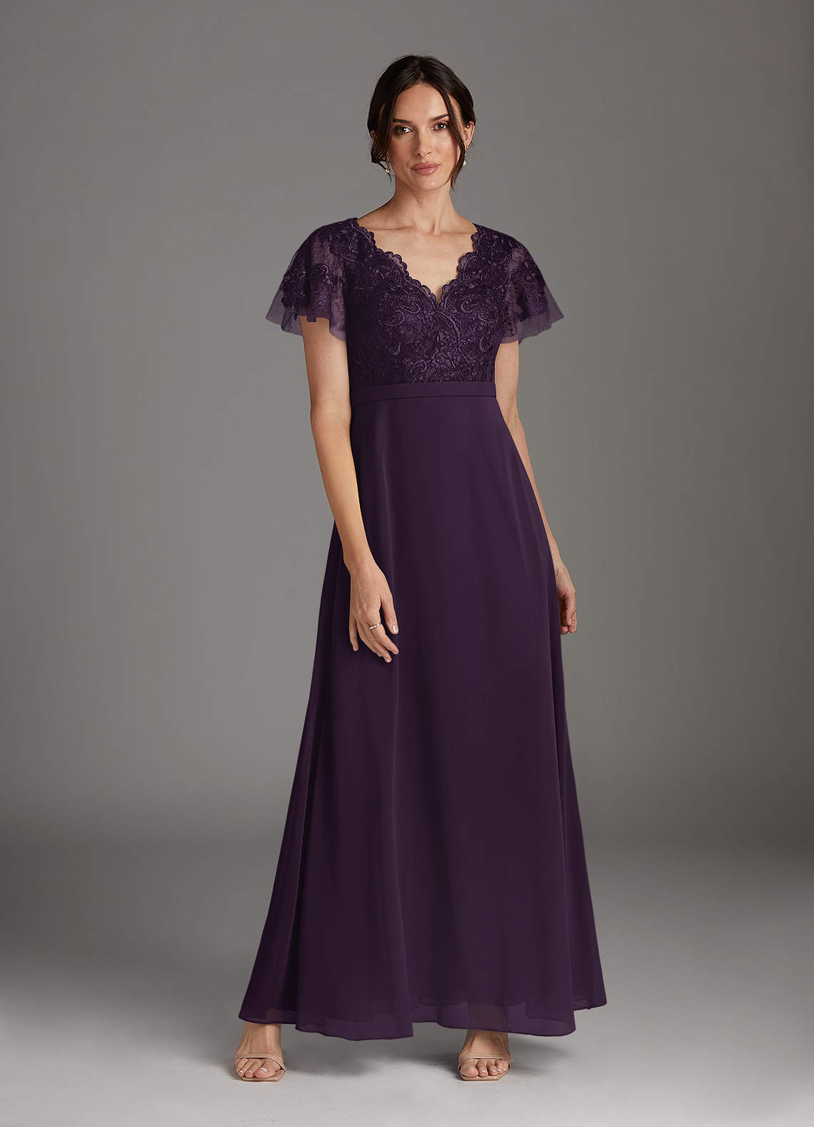 Azazie Singer Mother of the Bride Dresses Plum A-Line V-Neck Lace Chiffon Dress image1
