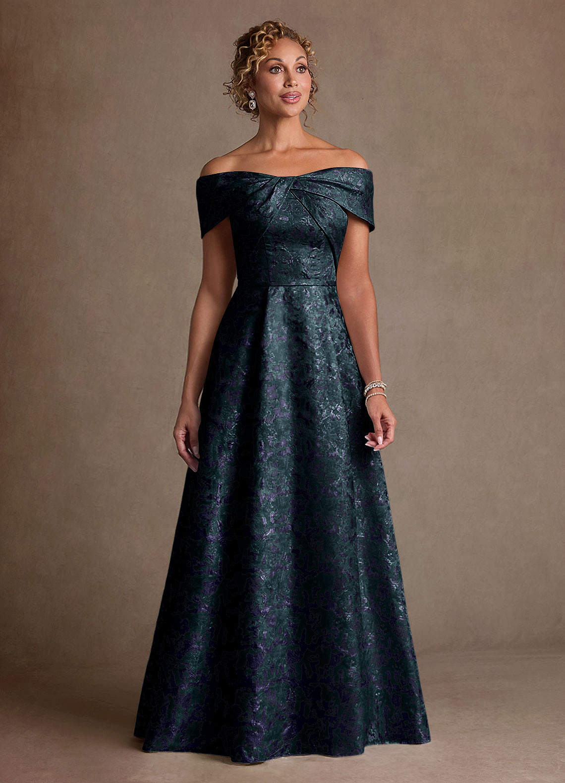 Azazie Harriett Dark Navy A-Line Off the Shoulder Floral Jacquard
