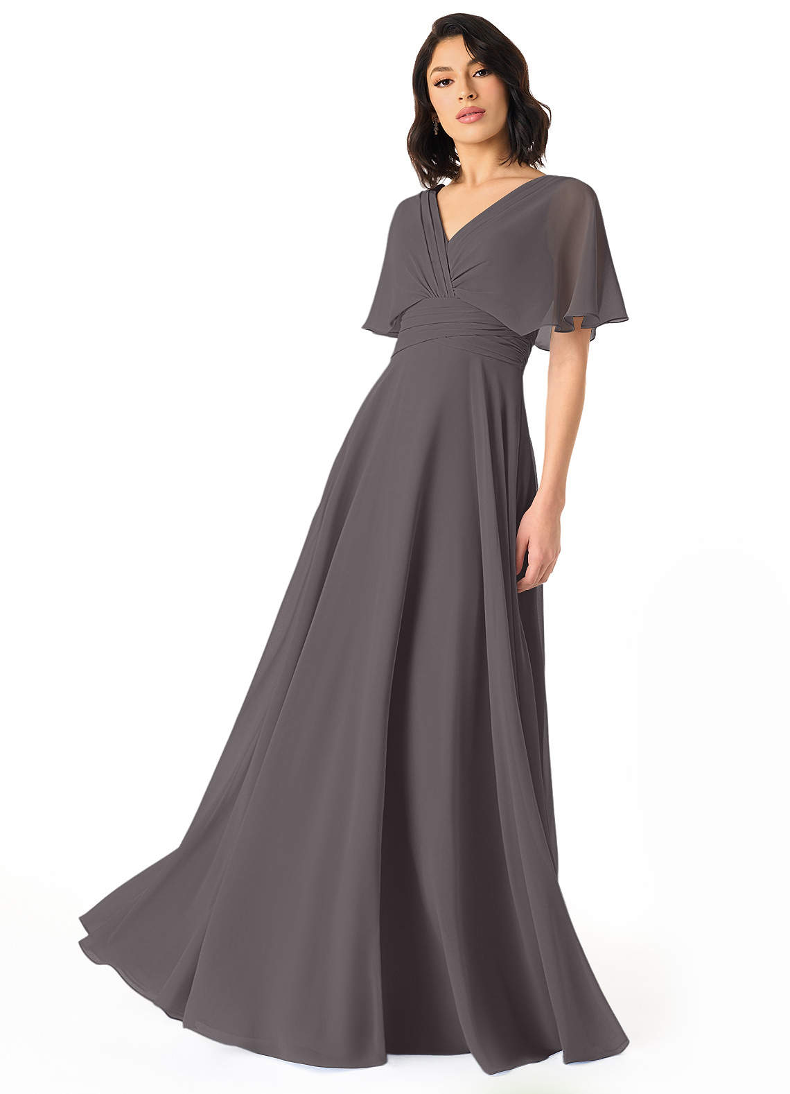 Azazie Pamela Bridesmaid Dresses Steel Grey A-Line V-Neck Pleated Chiffon Dress image1