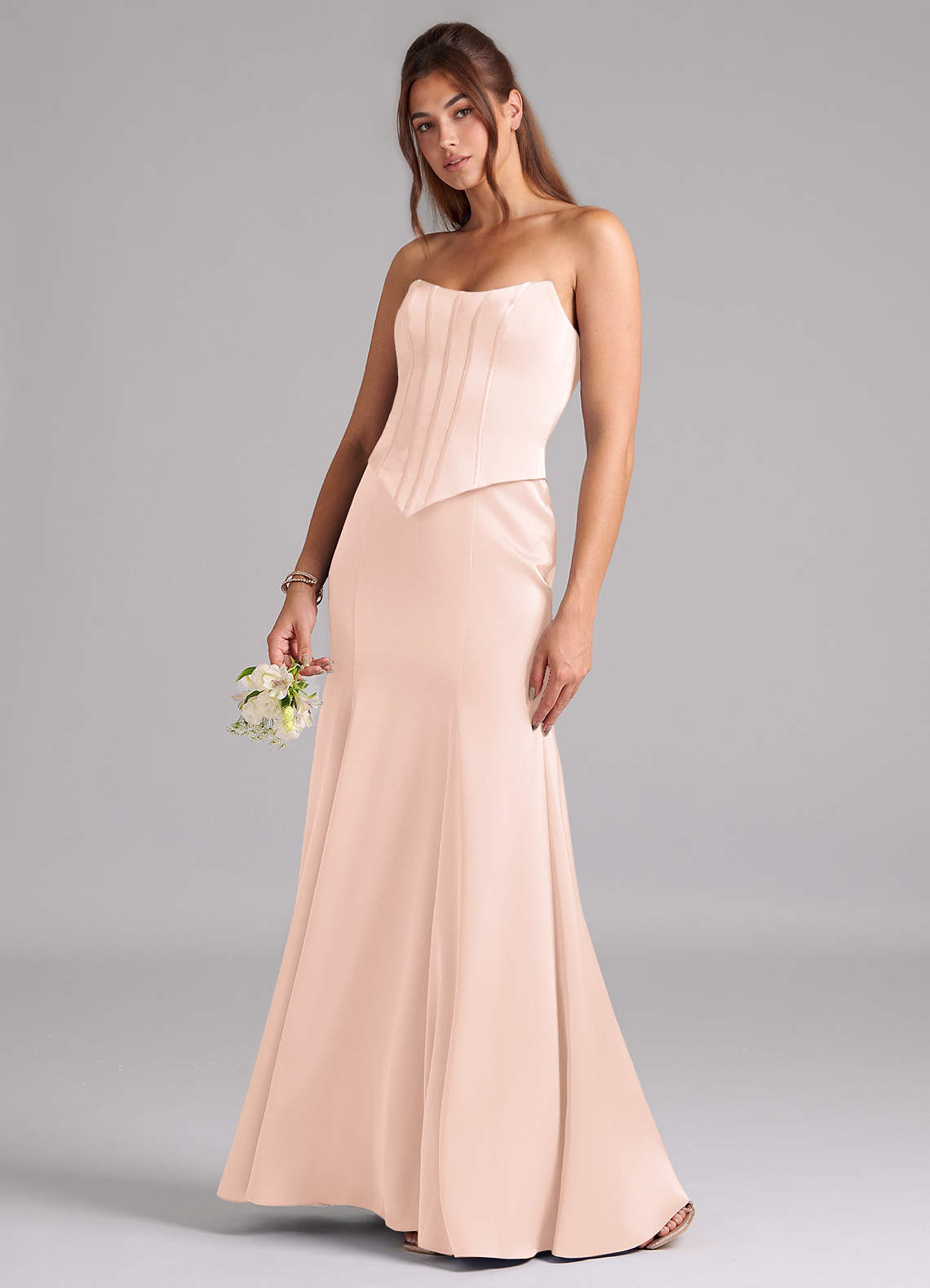 Azazie Ximena Bridesmaid Dresses Blushing Pink Mermaid Corset Stretch Satin Convertible Dress image1