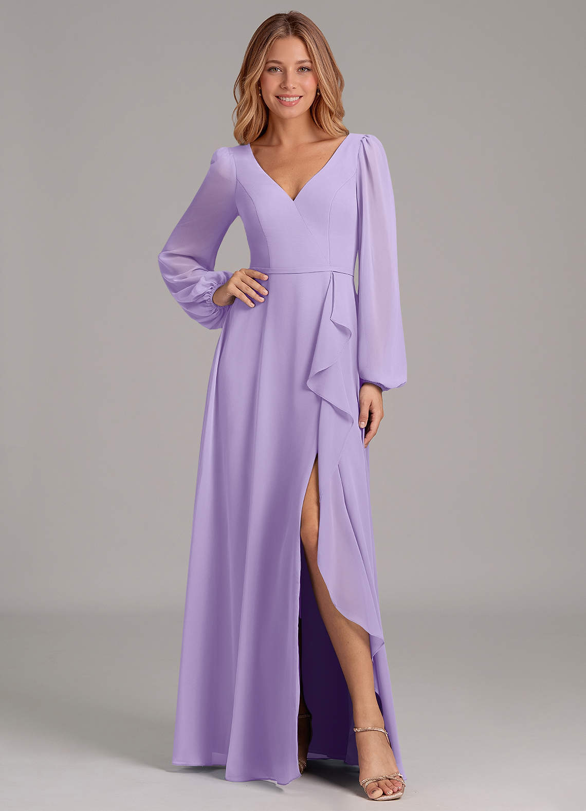 Azazie Simone Vestidos de damas de honor Vestido de Lila de Gasa de Corte en A con Manga larga image1