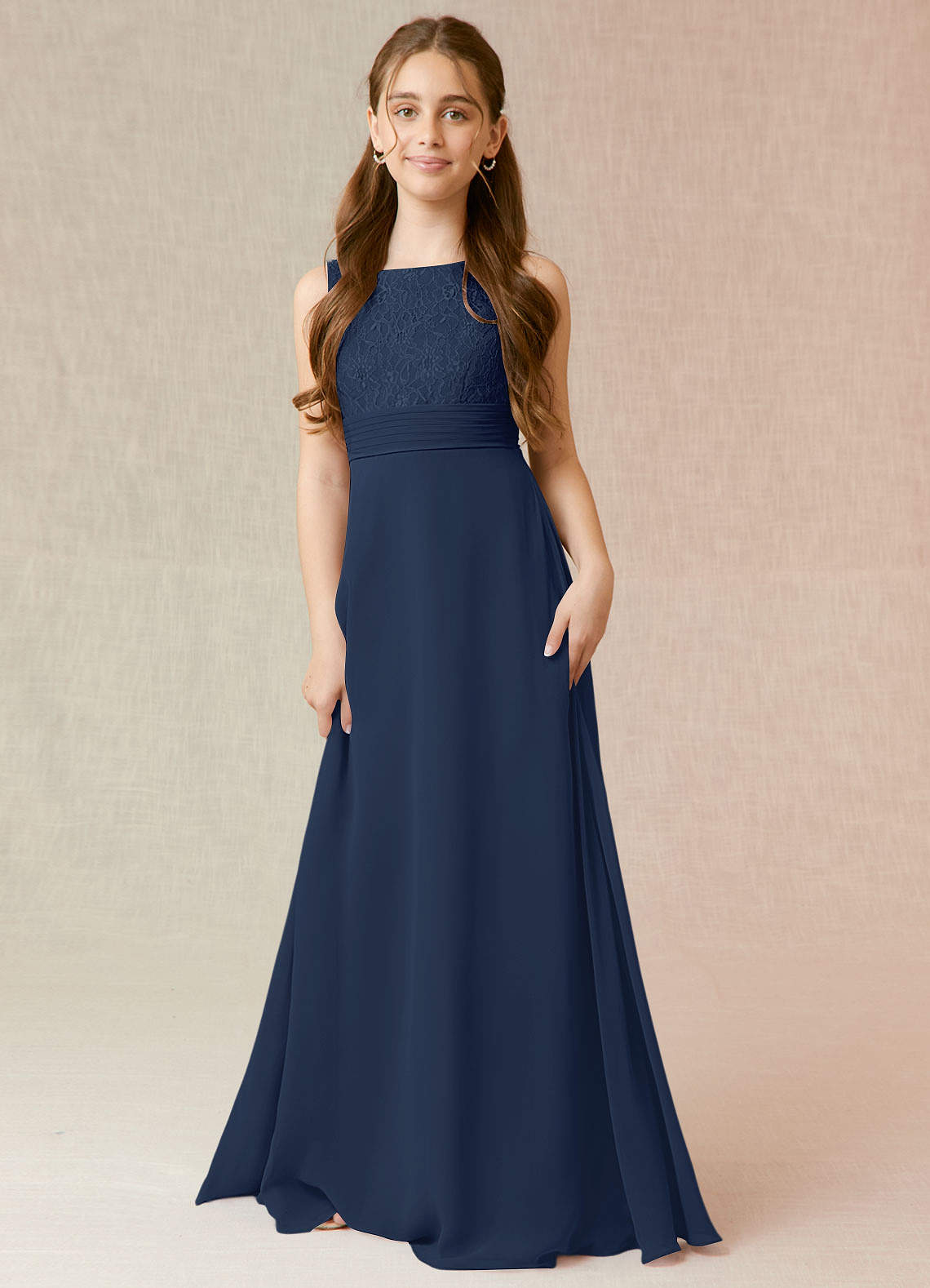 Azazie Snow Junior Dark Navy A-Line Lace Chiffon Dress image1