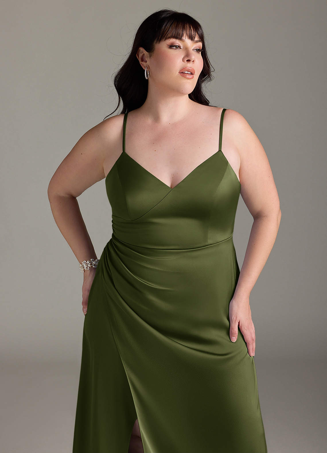 Azazie Marchella Robes de demoiselle d'honneur Robe Trapèze en Satin extensible Corset Olive image10