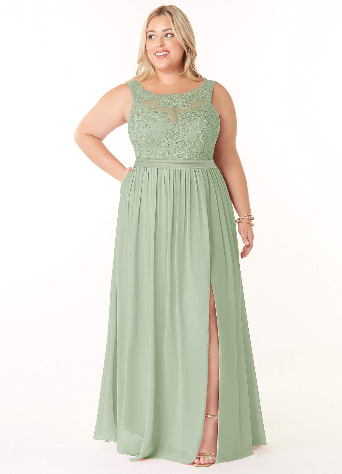 Azazie Elly Bridesmaid Dresses Dusty Sage A-Line Lace Scoop Neck Chiffon Dress image1