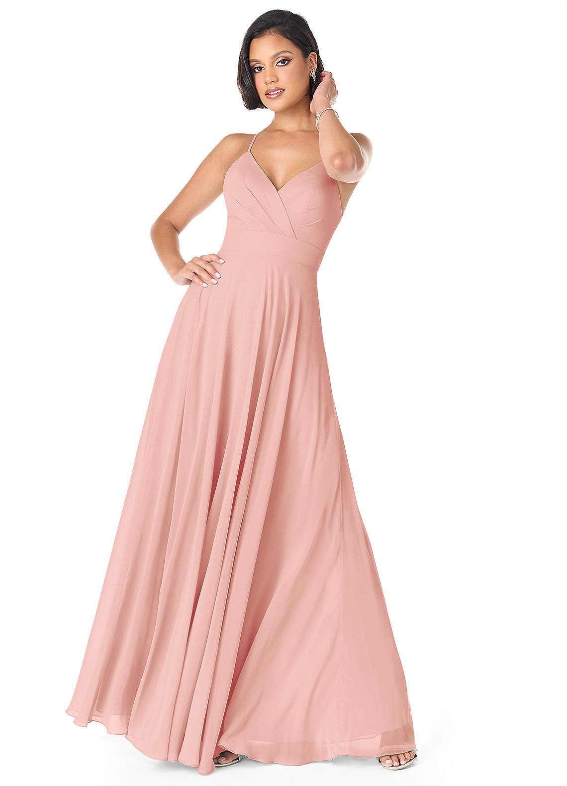 Azazie Avelina Brautjungfernkleider A-Linie V-Hals Gefaltet Chiffon Kleid Rosettenrosa image1