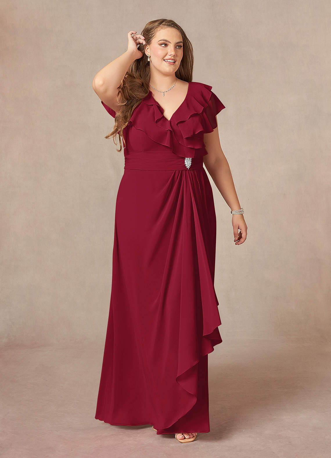 Azazie Snapdragon Kleider für die Brautmutter A-Linie V-Hals Gerüscht Chiffon Kleid Burgunderrot image1