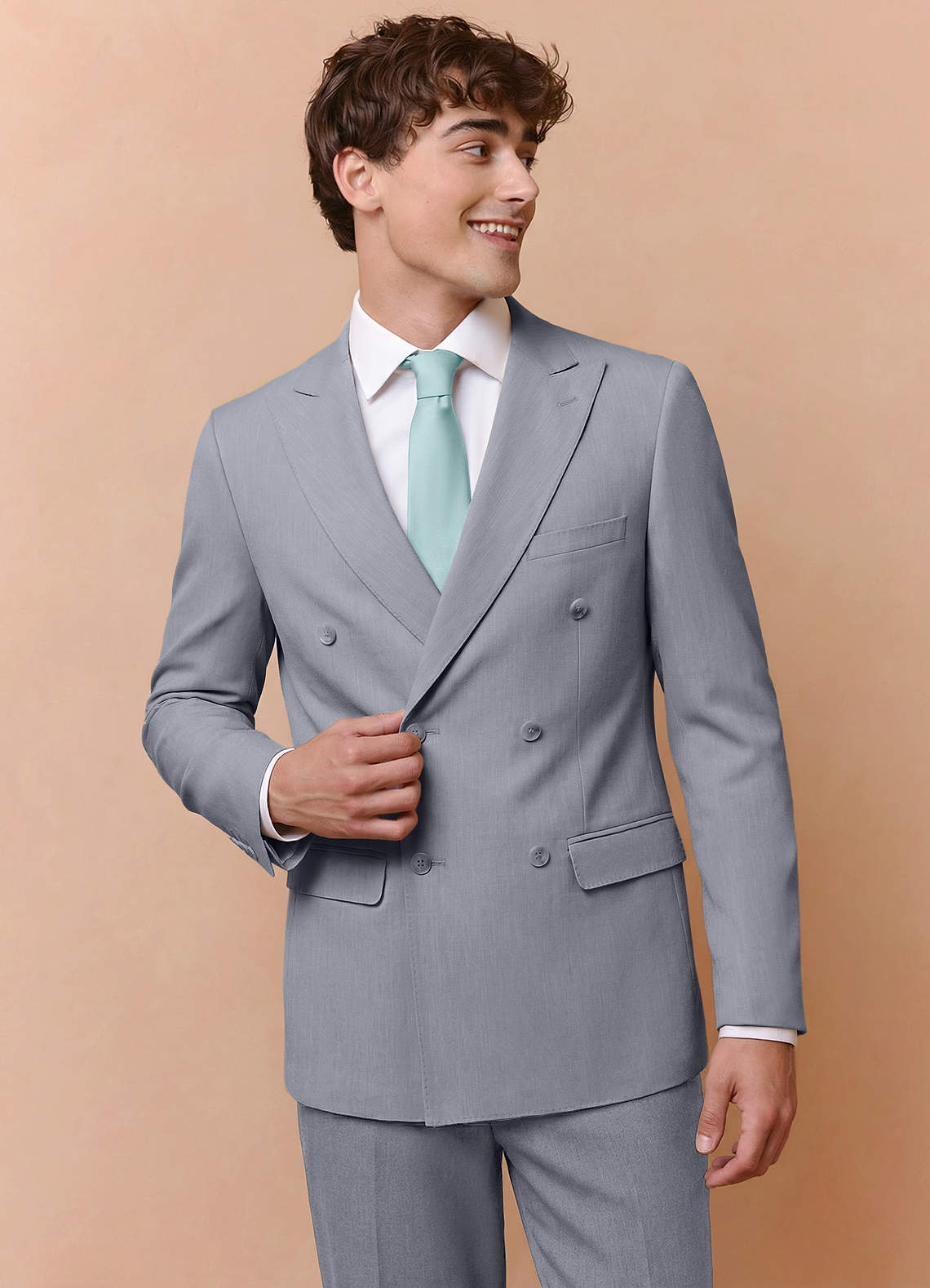 front Collins Grey Double Breasted Wool Blend Suit Jacket