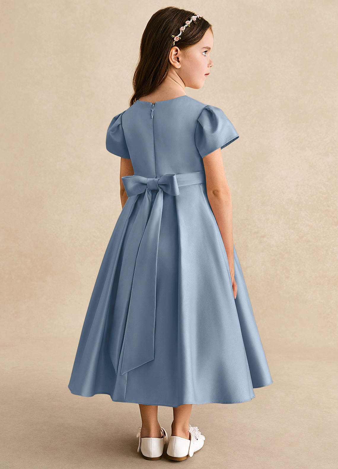 Azazie Princess Flower Girl Dresses Dusty Blue A-Line Pleated Matte Satin Dress image1