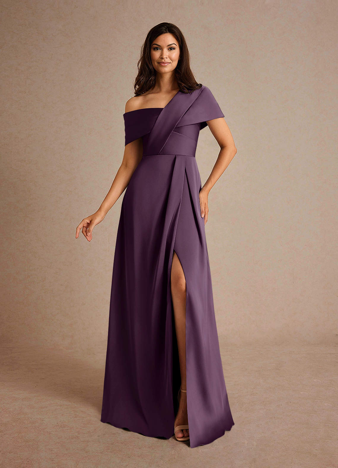 Azazie Milton Mother of the Bride Dresses Plum A-Line Pleated Stretch Satin Dress image1