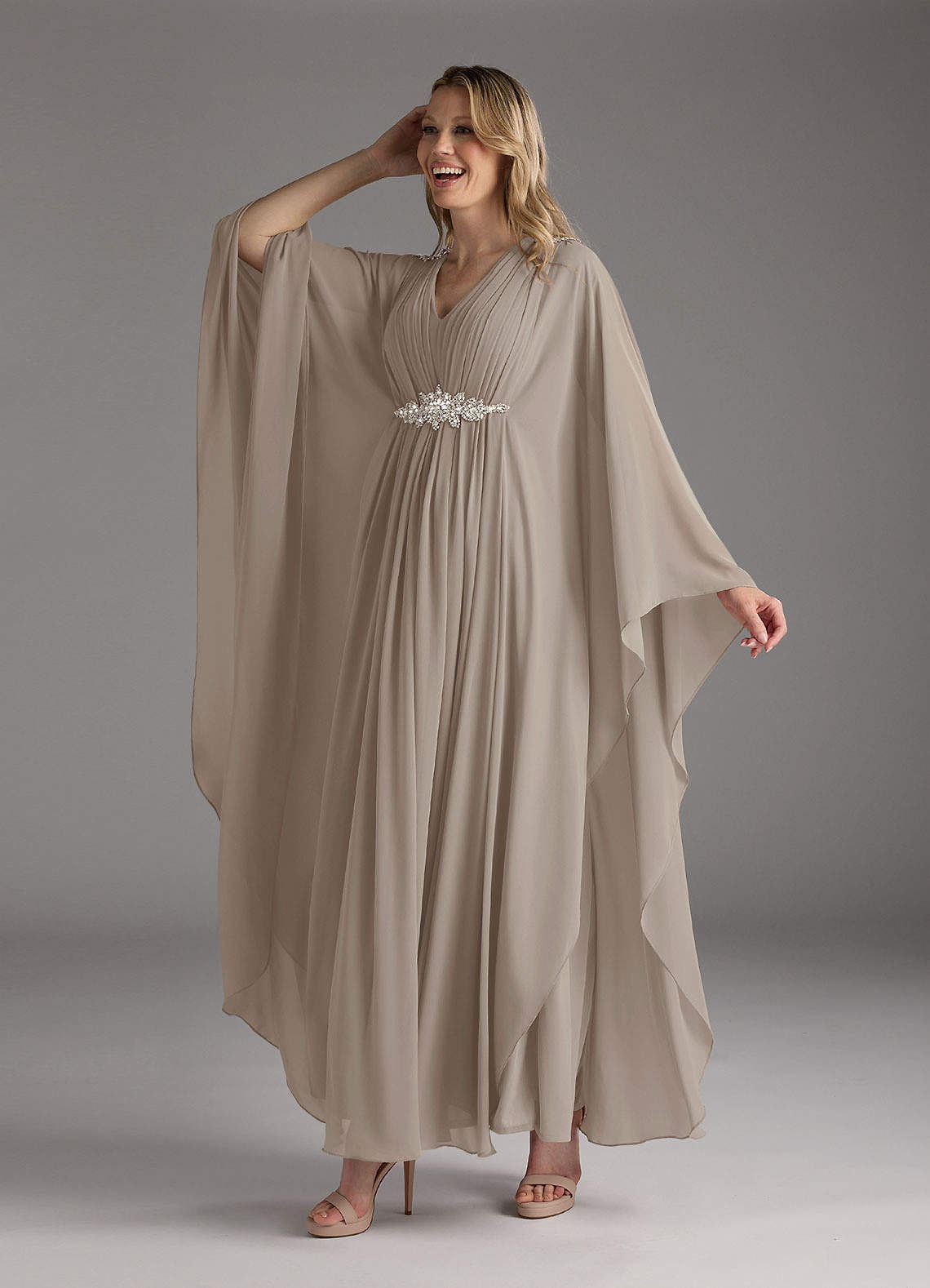 Azazie Drew Mother of the Bride Dresses Taupe A-Line Pleated Chiffon Dress image1