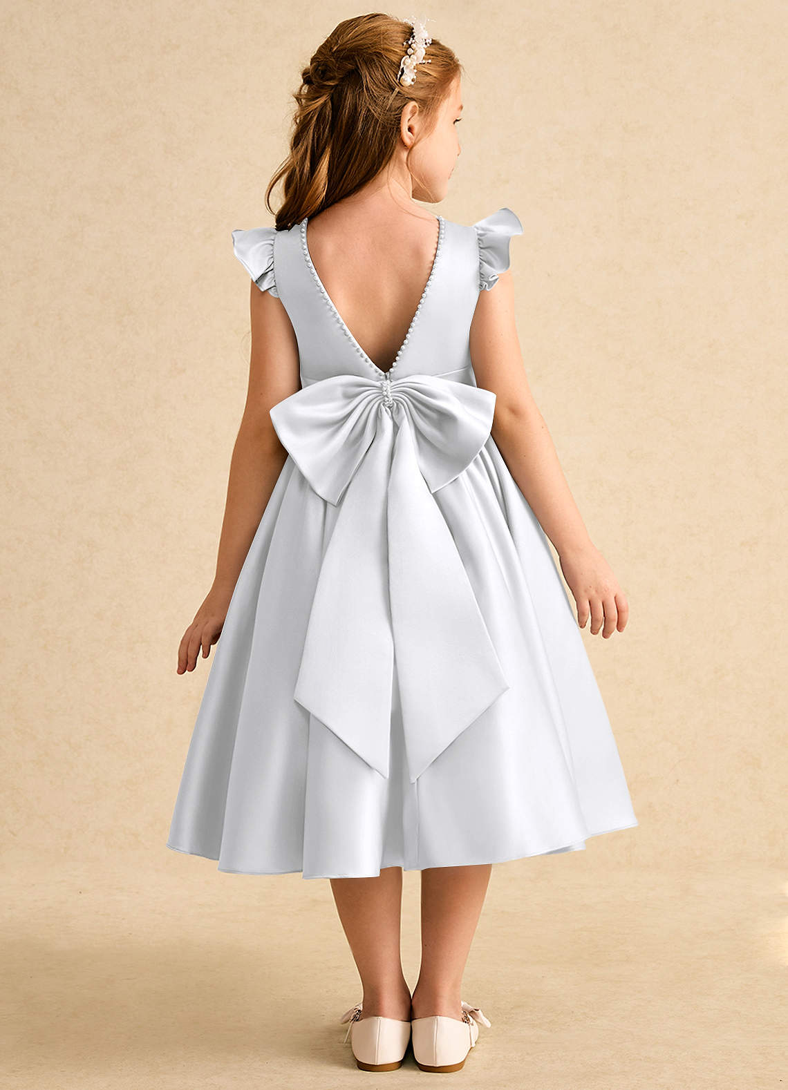 Azazie Dumpling Flower Girl Dresses White A-Line Bow Matte Satin Dress image1